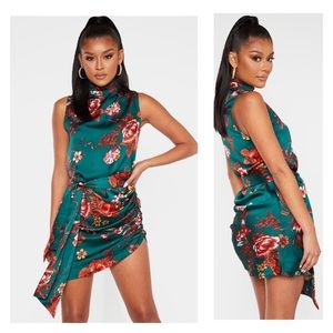 Emerald Green Floral Satin High Neck Side Knot Bodycon Dress